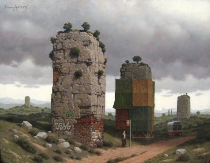 &quot;Los monolitos&quot;, óleo s / madera, 59 x 77 cm.