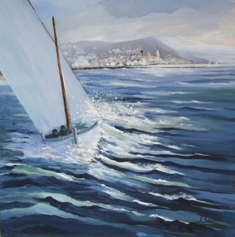 &quot;Velero (con la punta de Sitges al fondo)&quot;, óleo s / t, 80 x 80 cm.