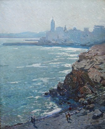&quot;Playa en Sitges&quot;, óleo s / t, 100 x 81 cm.