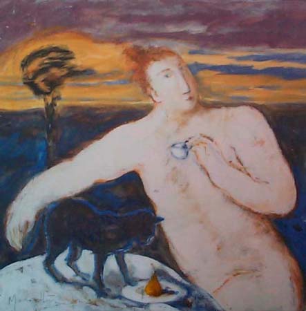 &quot;Desayuno con gato&quot;, acrílico s / m, 50 x 50 cm.