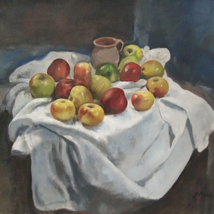 280. SISQUELLA_Bodegón con manzanas y cerámica_óleo s tela_58 x 60 cm.__
